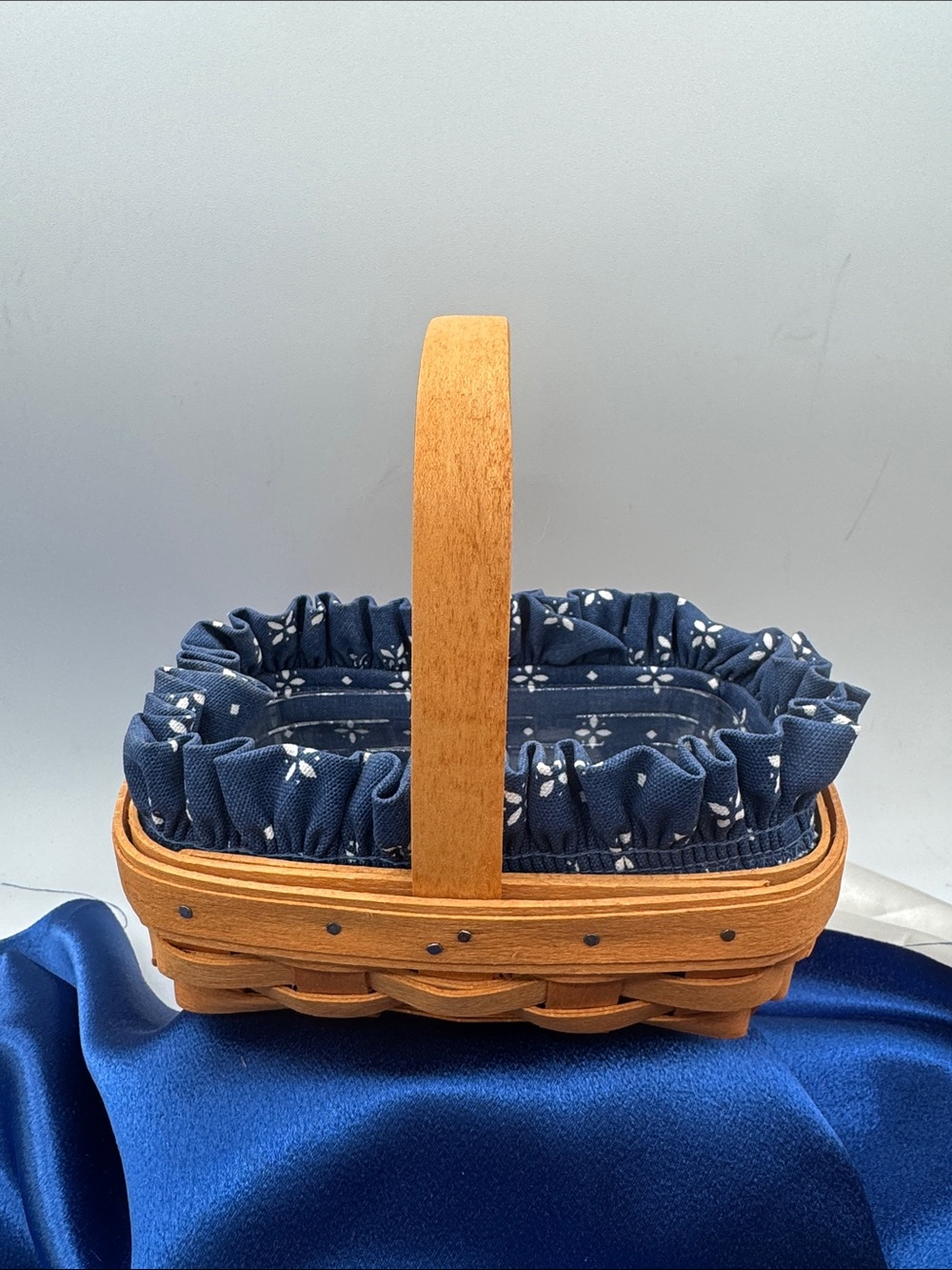 Longaberger Woven Wooden Basket with Blue Floral Liner and plastic protector